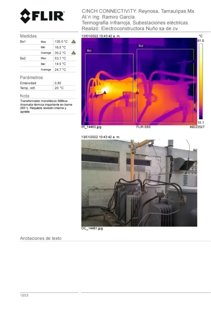 Técnico realizando estudio de termografía infrarroja sobre tablero eléctrico industrial para detección de puntos calientes